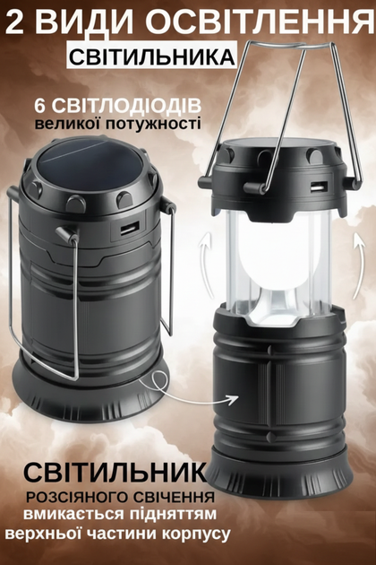 Кемпінговий ліхтар-лампа на сонячній батареї 3-в-1 з Power Bank (USB) та 2 режимами світіння — Синій - зображення 4