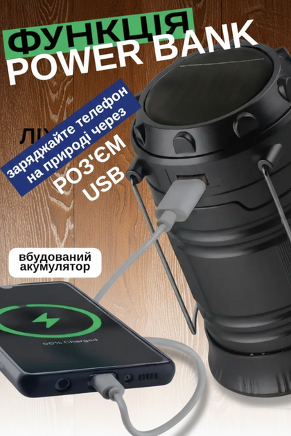 Кемпінговий ліхтар-лампа на сонячній батареї 3-в-1 з Power Bank (USB) та 2 режимами світіння — Синій - зображення 6
