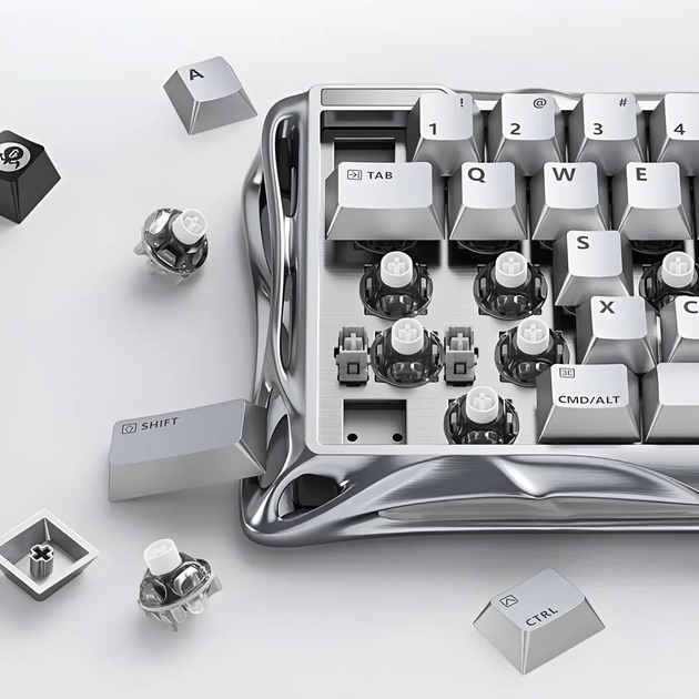 Ігрова дротова магнітна клавіатура GravaStar Mercury V60 Pro Deluxe Edition / Magnetic GravaStar UFO Switch / with Keycap Set / Chrome Silver - Фото 4 Ігрова дротова магнітна клавіатура GravaStar Mercury V60 Pro Deluxe Edition / Magnetic GravaStar UFO Switch / with Keycap Set / Chrome Silver - зображення 4
