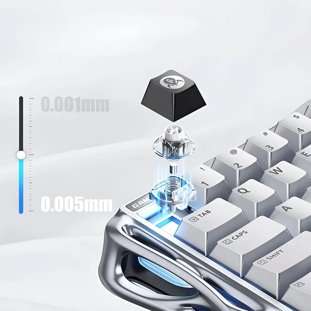 Ігрова дротова магнітна клавіатура GravaStar Mercury V60 Pro Deluxe Edition / Magnetic GravaStar UFO Switch / with Keycap Set / Chrome Silver - Фото 6 Ігрова дротова магнітна клавіатура GravaStar Mercury V60 Pro Deluxe Edition / Magnetic GravaStar UFO Switch / with Keycap Set / Chrome Silver - зображення 6
