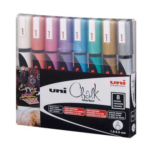 Набір маркерів художніх UNI CHALK Metallic Color 8кол. PWE-5M METALLIC 8C (1,8-2,5мм) /PWE-5M METALLIC 8C/ - зображення 2