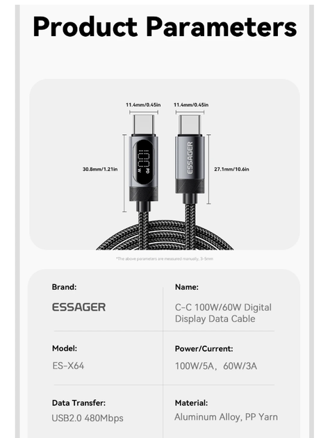Кабель data Essager TypeC - TypeC 100W чорний - 1 метр з диспеєм. для смартфона Самсунг, Айфон, павербанка та ноутбука, макбука. Швидка зарядка (MI Turbo Charge) - зображення 3
