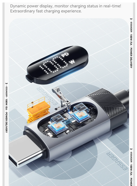 Кабель data Essager TypeC - TypeC 100W чорний - 1 метр з диспеєм. для смартфона Самсунг, Айфон, павербанка та ноутбука, макбука. Швидка зарядка (MI Turbo Charge) - зображення 8