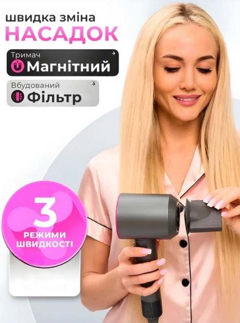 Профессиональный фен для волос Super Hair Dryer 1600 Вт с 5 магнитными насадками для сушки, укладки, ионизации и холодного обдува, легкий фен-стайлер для всех типов волос розово-серый - изображение 6