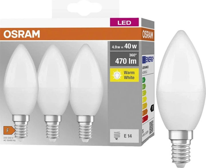 Набір світлодіодних ламп OSRAM Base Classic B40 4.9 Вт 827 Frosted E14 3 шт. (4099854047091) - зображення 1