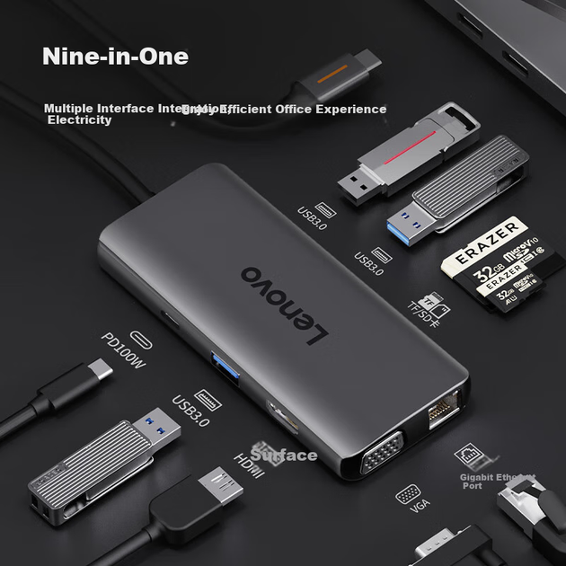 USB-хаб Lenovo 11-в-1 Type-C, HDMI, VGA, Ethernet, 100W PD, 3 USB 3.0, SD/TF - Фото 4 USB-хаб Lenovo 11-в-1 Type-C, HDMI, VGA, Ethernet, 100W PD, 3 USB 3.0, SD/TF - зображення 4
