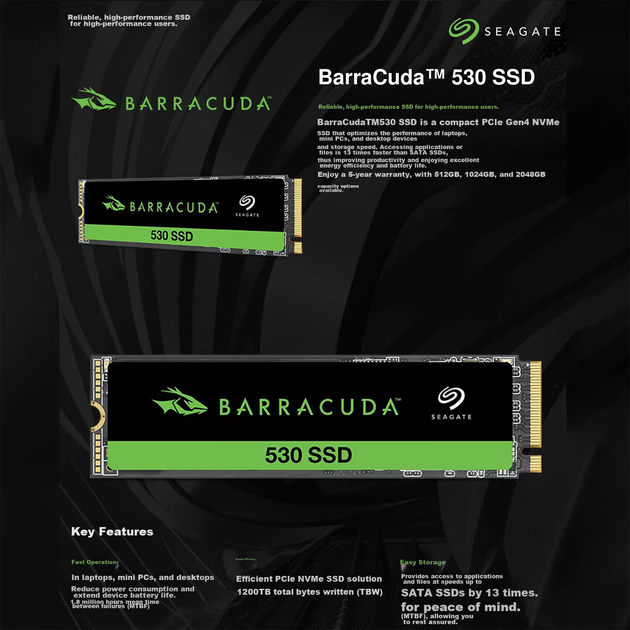 Твердотельный накопитель SEAGATE 1 ТБ SSD M.2 NVMe PCIe4.0×4. Скорость чтения до 7400 МБ/с. SEAGATE Kujiu530 ZP1024CM3A003 - Фото 6 Твердотельный накопитель SEAGATE 1 ТБ SSD M.2 NVMe PCIe4.0×4. Скорость чтения до 7400 МБ/с. SEAGATE Kujiu530 ZP1024CM3A003 - изображение 6