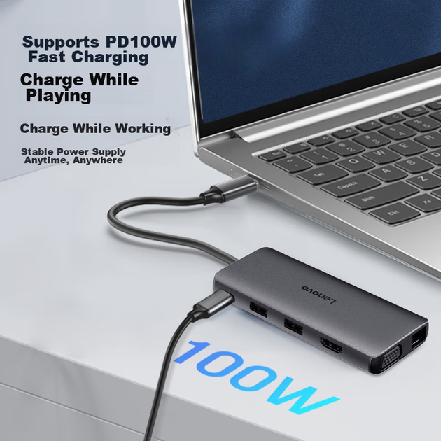 USB-хаб Lenovo 0801Pro 11-в-1 Type-C PD, USB 3.0, HDMI, VGA, Ethernet, кардрідер - зображення 5