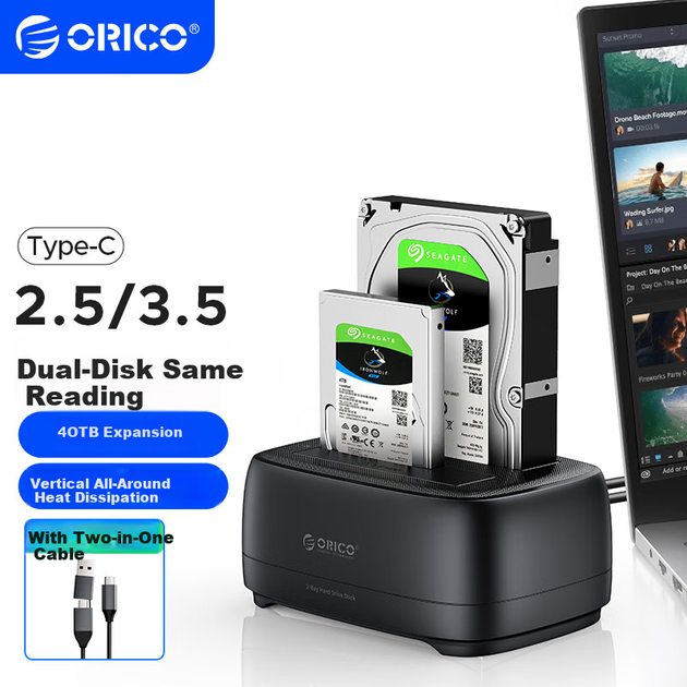 Док-станція для жорстких дисків Orico DD28C3 2.5/3.5" SATA, USB/Type-C - Фото 2 Док-станція для жорстких дисків Orico DD28C3 2.5/3.5" SATA, USB/Type-C - зображення 2