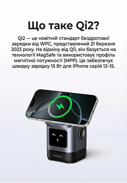 Бездротовий зарядний пристрій Ugreen Uno W709 Qi2 3-в-1 Магнітний 15W з дисплеєм Сірий (45775) - зображення 6