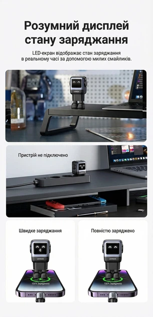 Мережевий зарядний пристрій Ugreen Nexode RG Robot GaN CD361 65 Вт 2xUSB-C + USB-A Сірий (25685B) - зображення 8