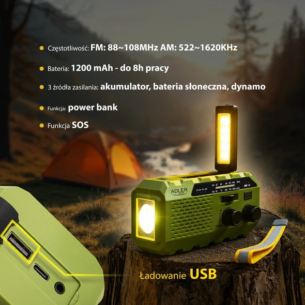 Odbiornik radiowy Adler AD 1197 solarne z korbką ręczną Green (5905575909367) - obraz 11