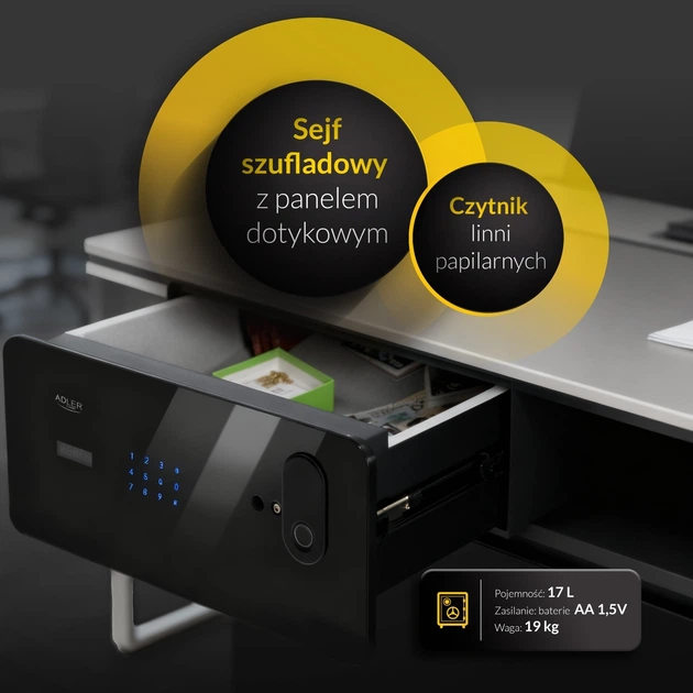 Сейф-шухляда Adler AD 1044 із сенсорною панеллю та зчитувачем відбитків пальців (5905575910639) - зображення 15