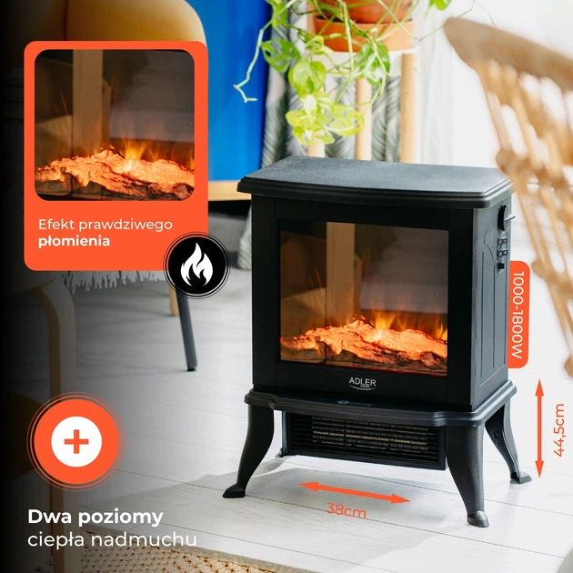 Kominek elektryczny Adler AD 7754 1000W / 1800W z efektem 3D płomienia (5905575910059) - obraz 11