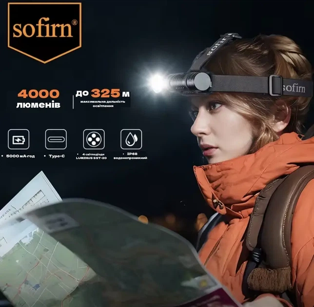 Налобний ліхтар Sofirn HS41 з акумулятором 21700 у комплекті 5000 мА·год, 4000 лм, SST20, USB-C, IP68 - зображення 5