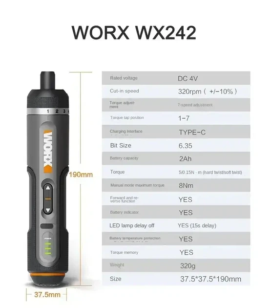 Аккумуляторная отвертка Worx WX242 с набором из 30 Бит в кейсе - изображение 5