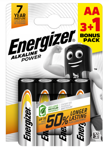 Батарейка ENERGIZER AA LR6 Alkaline Power 3+1шт/упак. (ціна за уп) карт.уп. - Фото 1 Батарейка ENERGIZER AA LR6 Alkaline Power 3+1шт/упак. (ціна за уп) карт.уп. - зображення 1