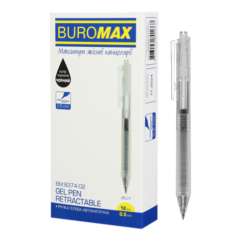Ручка гелева авт. BUROMAX 8374-02 JELLY 0,5мм чорна, прозорий корпус з силіконовим грипом (12/144) /BM.8374-02/ - Фото 1 Ручка гелева авт. BUROMAX 8374-02 JELLY 0,5мм чорна, прозорий корпус з силіконовим грипом (12/144) /BM.8374-02/ - изображение 1
