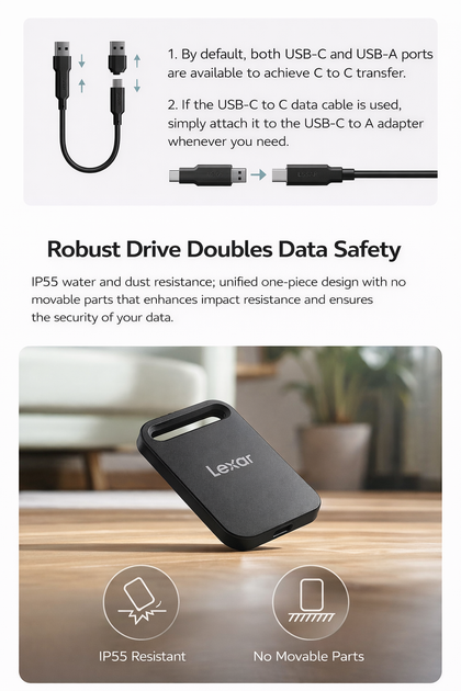 Внешний Pocket SSD 1TB Lexar SL260 USB-C / USB-A портативный накопитель для iPhone, Android, Mac и Windows - Фото 4 Внешний Pocket SSD 1TB Lexar SL260 USB-C / USB-A портативный накопитель для iPhone, Android, Mac и Windows - изображение 4