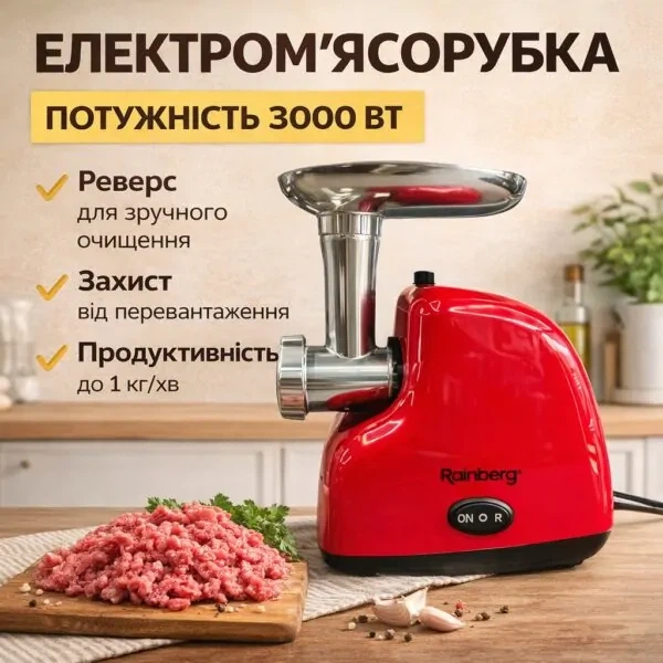Мясорубка электрическая Rainberg RB-2319 3000 Вт красная - изображение 2