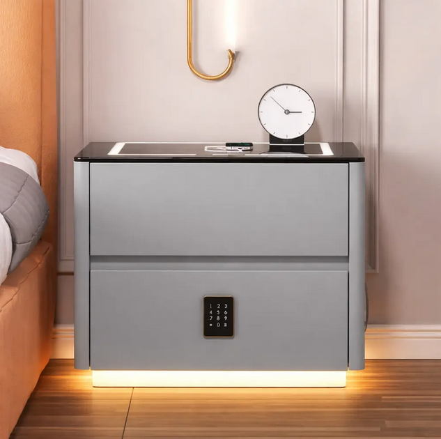 Смарт-тумба з екошкіри з LED-підсвіткою, USB, датчиком руху, бездротовою зарядкою та Bluetooth, сіра - Фото 4 Смарт-тумба з екошкіри з LED-підсвіткою, USB, датчиком руху, бездротовою зарядкою та Bluetooth, сіра - зображення 4