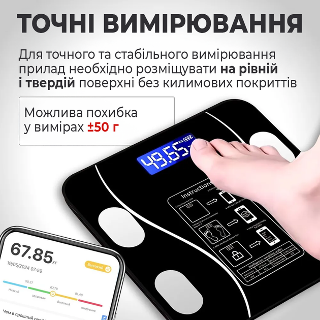 Ваги підлогові Розумні електронні для аналізу тіла Блютуз підключення з фітнес додатком Чорні - зображення 6