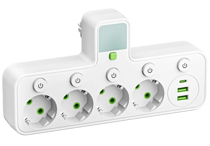 Сітковий фільтр, перехідник, адаптер 10A 2500 W 8625UL LED, 4-220 V, 2-USB, 1-Type-C - зображення 2