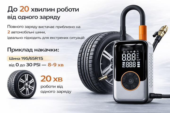 Автомобільний компресор акумуляторний, портативний насос для автомобільних шин, велосипедів, самокатів, мотоциклів, м’ячів - зображення 4