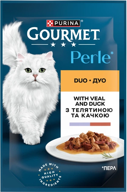 Упаковка влажного корма для котов Purina Gourmet Perle Duo с телятиной и уткой мини филе в подливке 26 шт по 85 г (7613287602015 / 8445291187726) - изображение 3