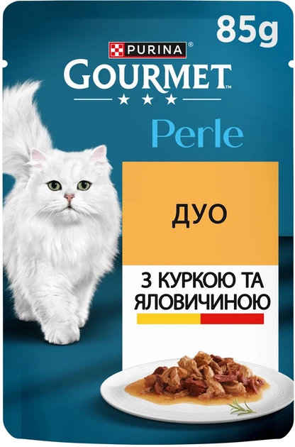Упаковка влажного корма для котов Purina Gourmet Perle Duo с курицей и говядиной мини филе в подливке 26 шт по 85 г (7613287601810 / 8445291187948) - изображение 2