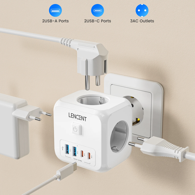 Мережевий фільтр трійник LENCENT PA037EU-2A2C 4000W 16A 7 в 1 2 USB + 2 TYPE-C розгалужувач з вимикачем - Фото 3 Мережевий фільтр трійник LENCENT PA037EU-2A2C 4000W 16A 7 в 1 2 USB + 2 TYPE-C розгалужувач з вимикачем - зображення 3