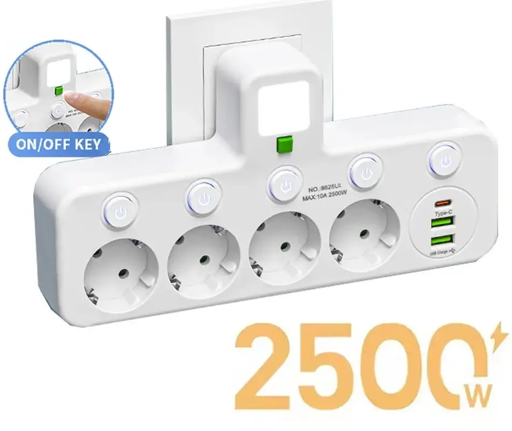 Сетевой фильтр RIAS 8625UL LED 4 розетки 2 USB 1 Type-C 2500W White (3_07878) - изображение 7