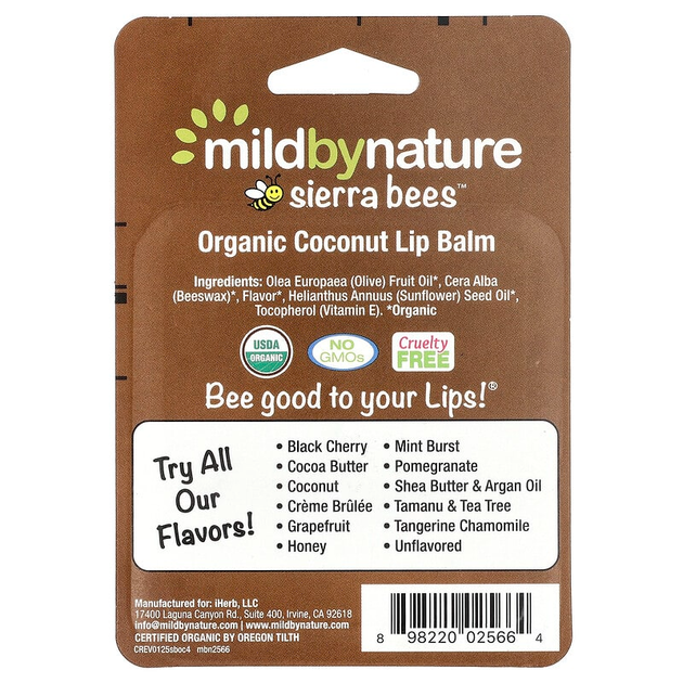 Бальзамы для губ Mild By Nature, Sierra Bees "Organic Lip Balms" со вкусом кокоса (4 шт) - изображение 3