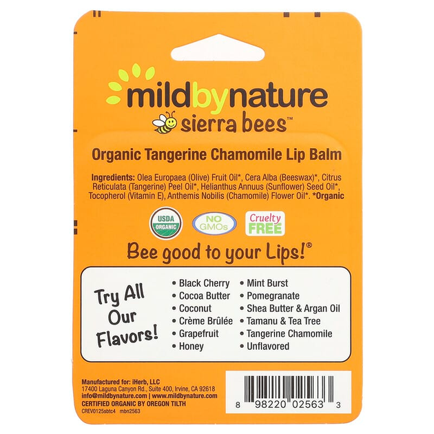 Бальзамы для губ Mild By Nature, Sierra Bees "Organic Lip Balms" мандарин и ромашка (4 шт) - изображение 3