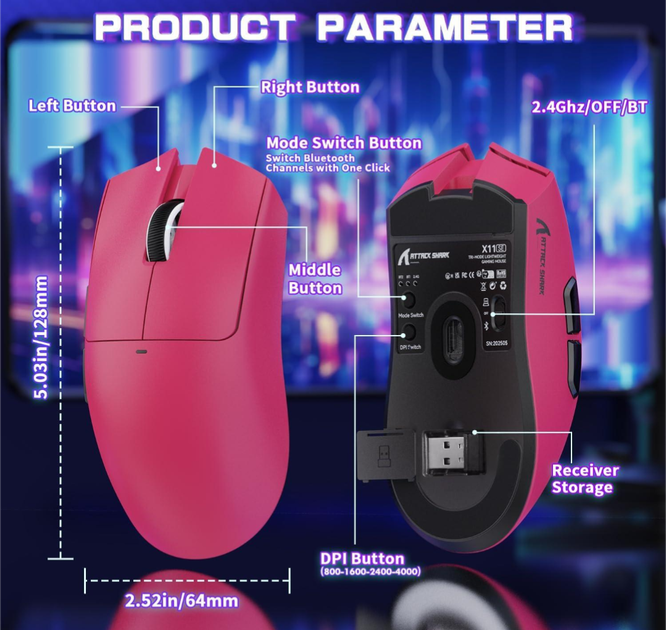Бездротова миша ігрова attack shark x11se pink - зображення 7
