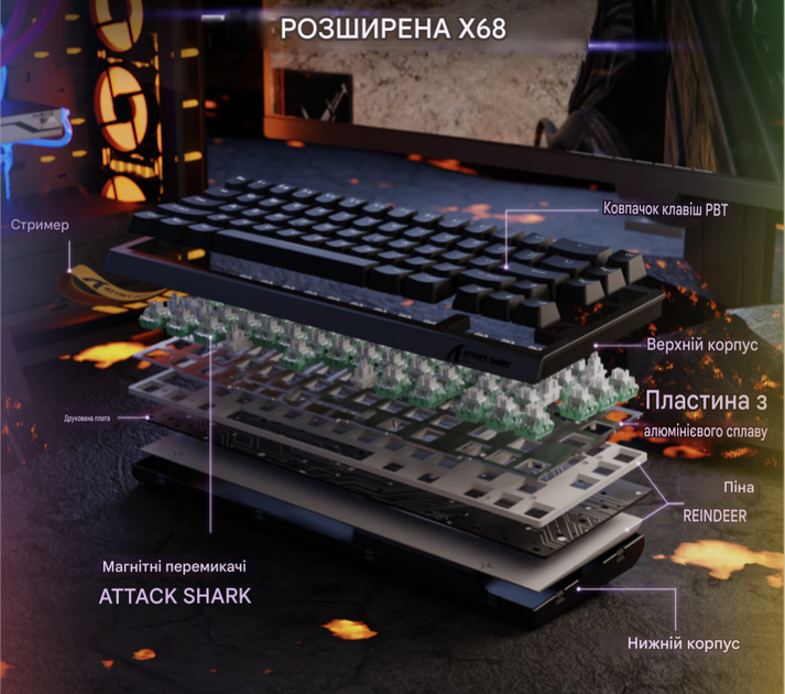 Клавіатура магнітна ігрова attack shark x68 he, black - зображення 3