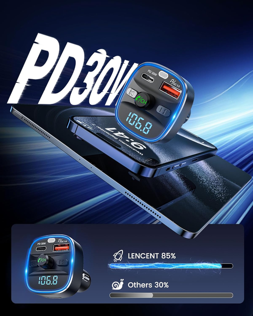 FM передатчик для авто LENCENT T25M C3 Bluetooth 5.4 48W PD 30W QC3.0 18W 7 цветов подсветка hands-free USB TF (T25M-C3) - изображение 5