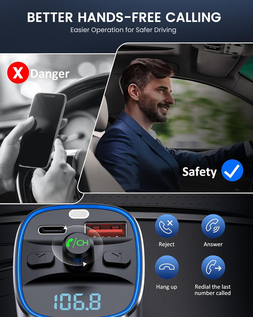 FM передатчик для авто LENCENT T25M C3 Bluetooth 5.4 48W PD 30W QC3.0 18W 7 цветов подсветка hands-free USB TF (T25M-C3) - изображение 6