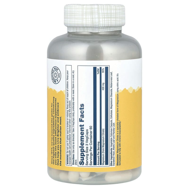 Цитрат магния SOLARAY "Magnesium Citrate" 400 мг (180 вегетарианских капсул) - изображение 2