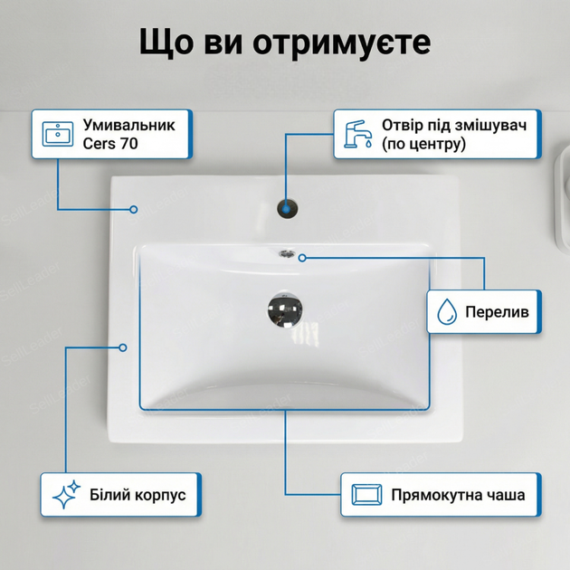 Умывальник Vivia Cers 70х45х10.8см накладной раковина литой камень для ванной квартиры дачи гостиницы белый - изображение 9