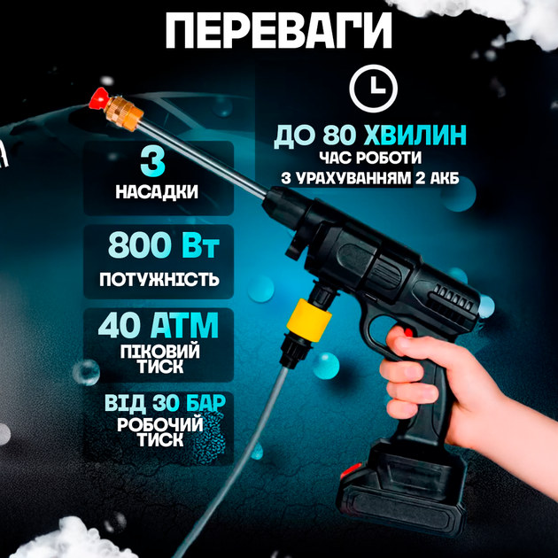 Портативна акумуляторна ручна автомийка високого тиску для машини в кейсі + акумулятора Бездротова - Фото 7 Портативна акумуляторна ручна автомийка високого тиску для машини в кейсі + акумулятора Бездротова - зображення 7
