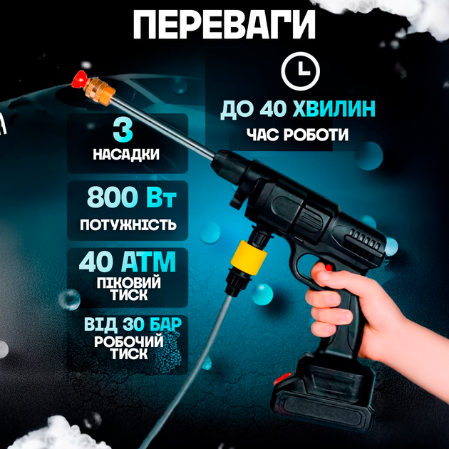 Портативная аккумуляторная ручная автомойка высокого давления для машины в кейсе + 2 аккумулятора Беспроводная - Фото 7 Портативная аккумуляторная ручная автомойка высокого давления для машины в кейсе + 2 аккумулятора Беспроводная - изображение 7
