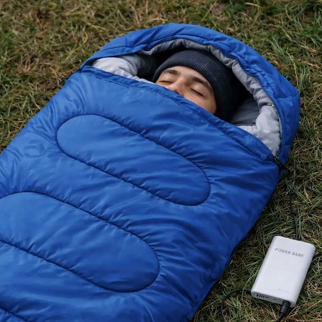 Спальний мішок з підігрівом USB 215х65 см до -30°C з капюшоном з холофайбером синій - зображення 4