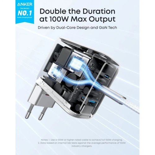 Зарядний пристрій Anker 2xUSB-C PD100W + 1xUSB GaN w Display + cable USB-C silver (B121BG41) ANKER B121BG41 972272 - зображення 2