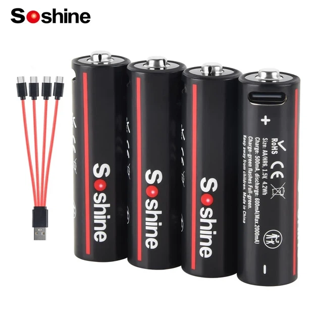Аккумуляторы 14500 AA (4 штуки), Li-Ion Soshine на 1.5V- 4200 mWh, зарядка от USB-C для пульта фонарика игрушек мышки часов - изображение 2