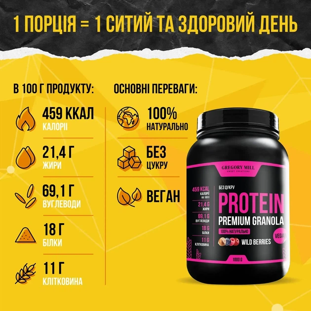 Набір граноли з протеїном Power Protein 4 Nuts, Wild Berries та Choco Nuts, 3000 г Gregory Mill - зображення 2