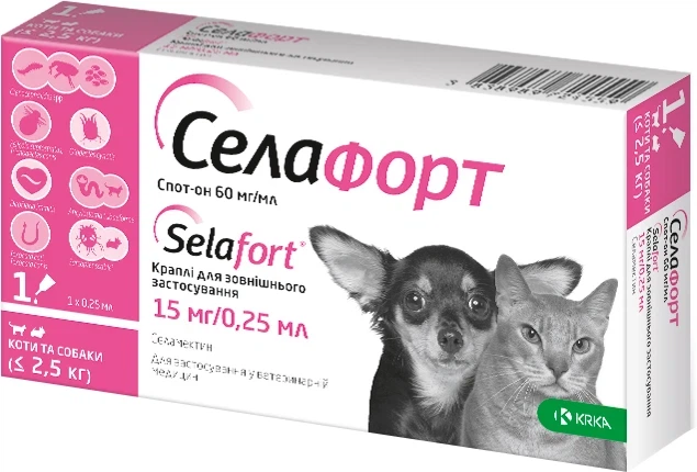 Капли на холку KRKA Селафорт против внешних и внутренних паразитов для собак и кошек массой тела до 2.5 кг №1 - Фото 1 Капли на холку KRKA Селафорт против внешних и внутренних паразитов для собак и кошек массой тела до 2.5 кг №1 - изображение 1
