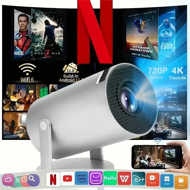 Смарт-проєктор Android 11, Wi-Fi, 720p HD з підтримкою 4K UHD — домашній кінотеатр - Фото 4 Смарт-проєктор Android 11, Wi-Fi, 720p HD з підтримкою 4K UHD — домашній кінотеатр - зображення 4