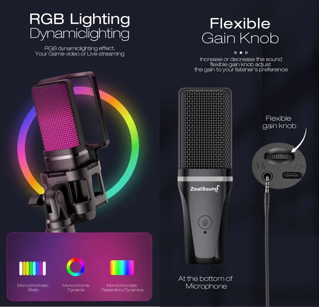 USB мікрофон ZealSound A68 RGB 192kHz/24bit — конденсаторний кардіоїдний для стриму, YouTube, Twitch, PS5, PS4, ПК - зображення 4