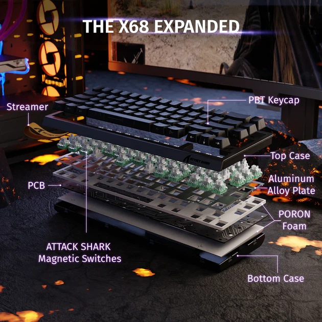 Клавиатура ATTACK SHARK X68 HE Black-Contour Line, 65%, RGB, Outemu Jade White Magnetic, 8KHz, USB-C | Геймерская - Фото 5 Клавиатура ATTACK SHARK X68 HE Black-Contour Line, 65%, RGB, Outemu Jade White Magnetic, 8KHz, USB-C | Геймерская - изображение 5